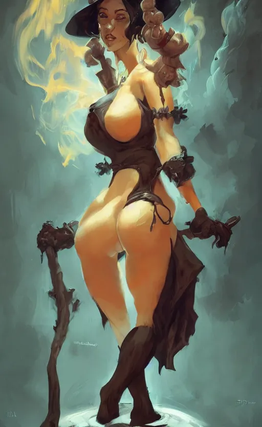 Prompt: pinup of a fine cultured witch, with robes of fire and smoke 🍑, by Jeff Simpson, Simon Bisley, Clint Cearley, and Frank Frazetta concept art, artstation, deviantart