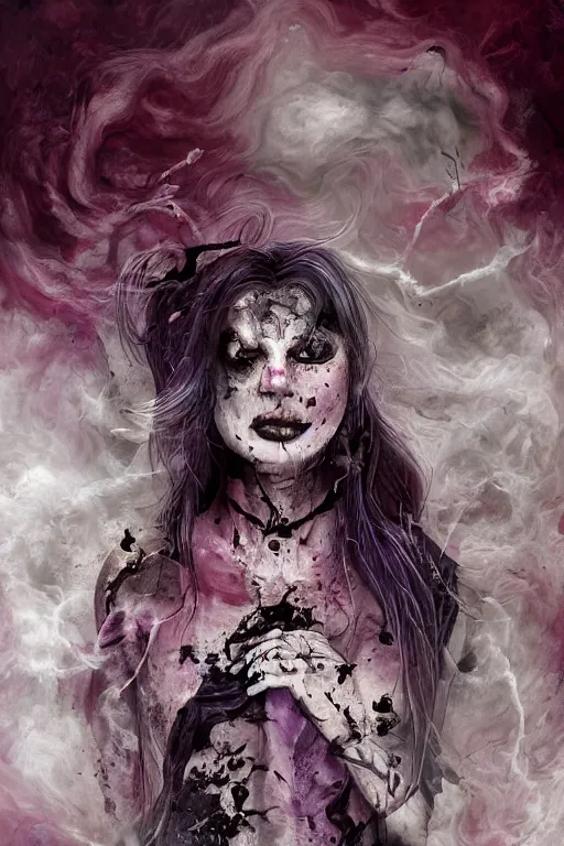 Image similar to A girl with a marble face, flowing silver-violet hair, stands with her arms spread out against the background of a blood-purple cloud, red streams flow through her body, skulls and bones of hands crawl out of the ground, dark red drops fly around, Anachronism, painting, dark fantasy, steampunk, 4k