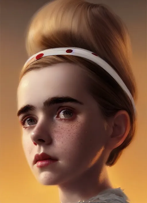 Prompt: portrait of kiernan shipka with freckles, white hair, 1 9 6 0 s bob hairstyle with bangs and hairband, intricate, elegant, glowing lights, highly detailed, digital painting, artstation, concept art, smooth, sharp focus, illustration, art by wlop, mars ravelo and greg rutkowski