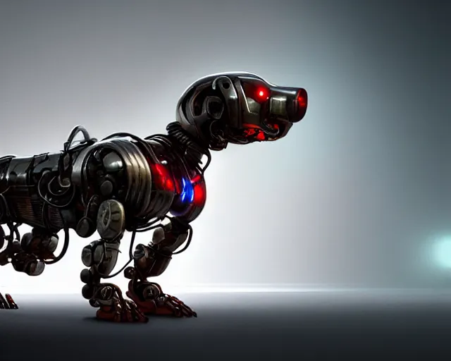 Image similar to terminator dachshund robot, mechanical, machine, octane render, concept art, sharp focus, hyper - realistic, intricate, detailed, eduard pronin, luka mivsek, ruan jia