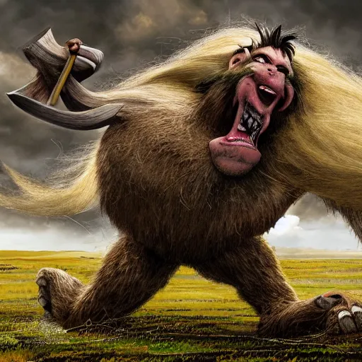 Prompt: A troll lumbers across a field. In its wake, it leaves a swath of destruction that looks like an angry god's handiwork. A few dozen meters out, it turns and bellows at them, revealing long tusks jutting from its lower jaw.