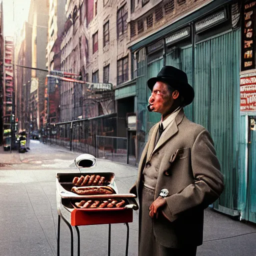 Prompt: closeup portrait of a snake oil salesman selling hotdogs in a smoky new york back street, by Annie Leibovitz and Steve McCurry, natural light, detailed face, CANON Eos C300, ƒ1.8, 35mm, 8K, medium-format print