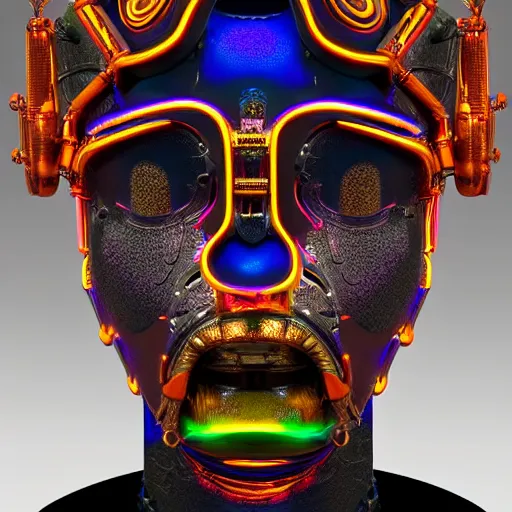 Image similar to portrait of a glossy claymodel of a steampunk aztec futuristic robot head, top of the head is a crown made of wires and multicolored glowing tubes, eyes are multicolored led screen, 8 k, front shot, symetrical, flourescent colors, halluzinogenic, multicolored, insanely detailed, 3 d render, octane