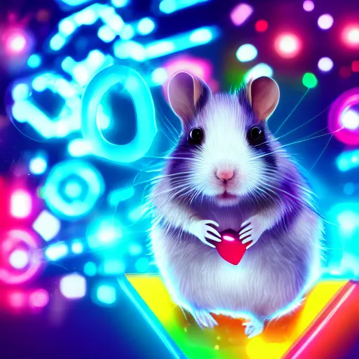 Image similar to cyberpunk hamster! holding rainbow! gem! crystal, neon lights, light reflection, 8 k, hd