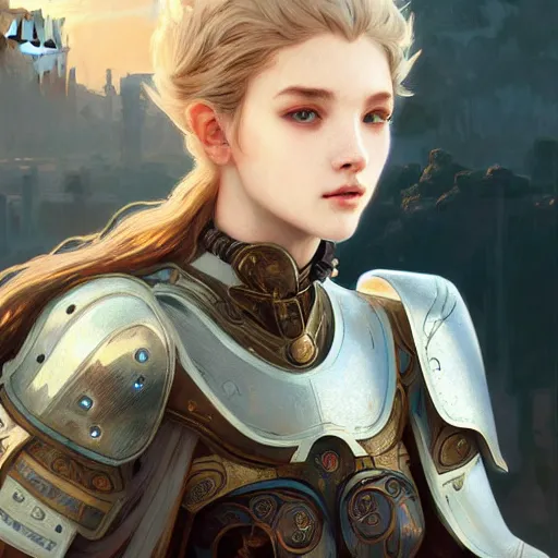 Image similar to portrait young knights of Zodiac girl, matt white color armor, in ruined Agora of Athens Sunrise, ssci-fi and fantasy, intricate and very beautiful and elegant, highly detailed, digital painting, artstation, concept art, smooth and sharp focus, illustration, art by tian zi and WLOP and alphonse mucha