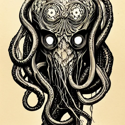 Image similar to black ink on paper, illithid cthulhu, trending on artstation, beautiful, intricate, detailed