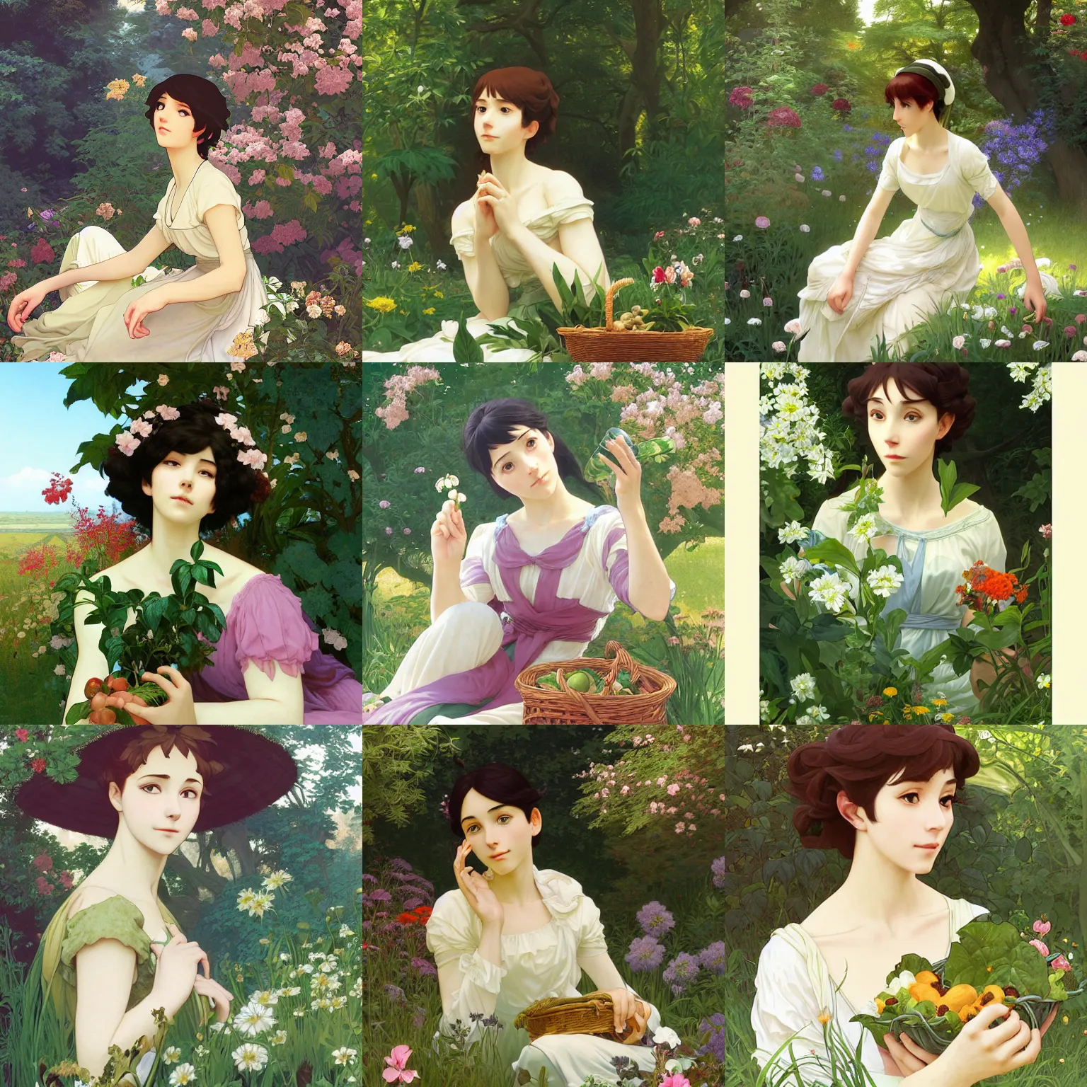 Prompt: Portrait of a woman having a picnic in a verdant garden, beautiful face, highly detailed, photoshop, digital illustration, by Makoto Shinkai and Hayao Miyazaki, by Ilya Kuvshinov and Alphonse Mucha and William-Adolphe Bouguereau