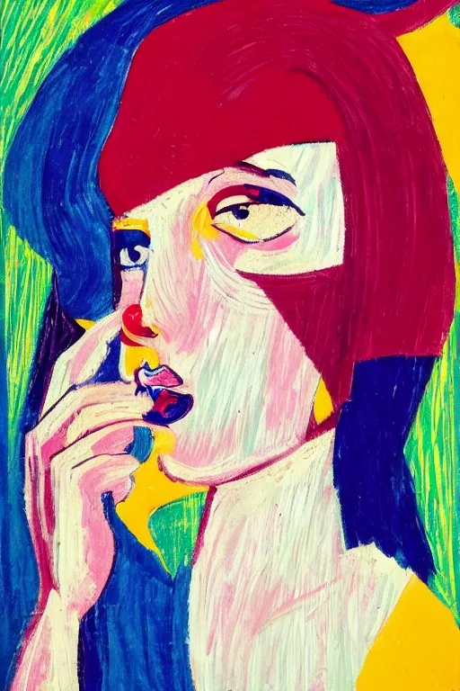 Prompt: 🙃 girl portrait, abstract, rich in details, modernist composition, coarse texture, concept art, visible strokes, colorful, Kirchner, Gaughan, Caulfield, Aoshima, Earle