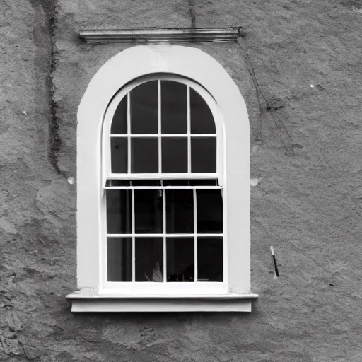 Prompt: single triangular or round sash window on a british wall, surprised and perplexed builders standing in front of it