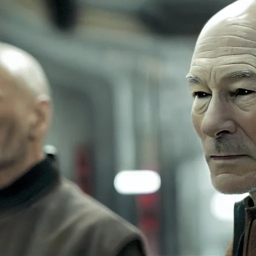 Prompt: a cinematic film still of Patrick Stewart in Star Wars, portrait, 40mm lens, shallow depth of field, close up, split lighting, cinematic