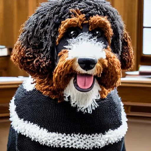 Image similar to a closeup photorealistic photograph of a smiling knitted bernedoodle judge dog dressed in a black gown, presiding over the courthouse. indoors, professional capture, well lit shot. this 4 k hd image is trending on artstation, featured on behance, well - rendered, extra crisp, features intricate detail, epic composition and the style of unreal engine.