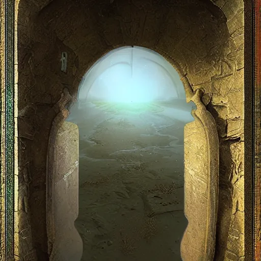 Image similar to beautiful matte painting of the doorway to another dimenstion, fantasy