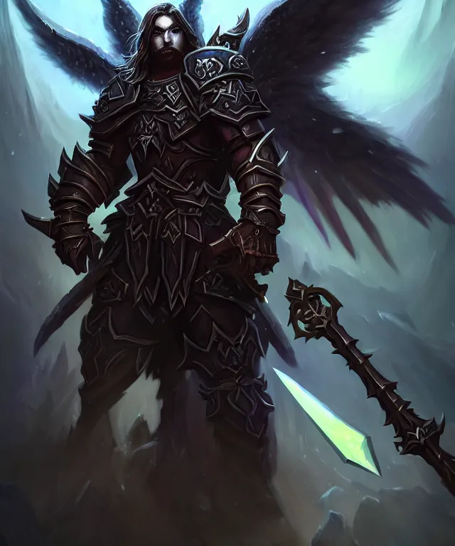 Image similar to dark world of warcraft blizzard art, portrait of fallen man angel kneeling with a sword and wings, bokeh. dark art masterpiece artstation. 8k, sharp high quality illustration in style of Jose Daniel Cabrera Pena and Leonid Kozienko, concept art by Tooth Wu