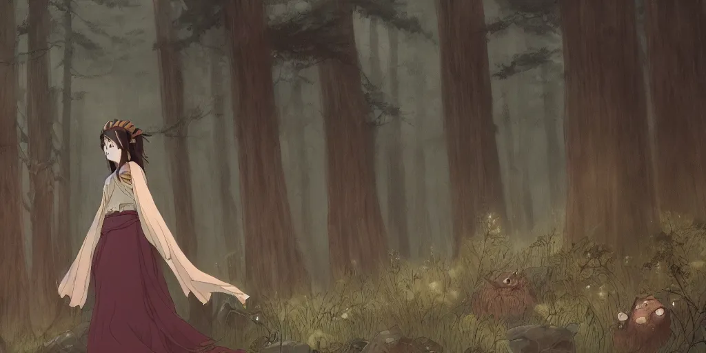 Prompt: portrait of woman, forest background, long brown hair, cloth, princess mononoke, 4 k, greg rutkowski, high detail, dramatic lighting, sunset, hayao miyazaki, masashi ando, nizou yamamoto, kazuo oga, joe hisaishi, yoji takeshige, naoya tanaka