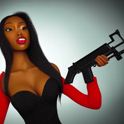 Image similar to Gorgeous black woman wearing red dress, holding an AK-47, photo realistic, detailed face