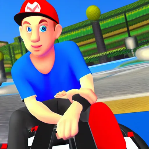 Image similar to video game screenshot of eminem in mario kart