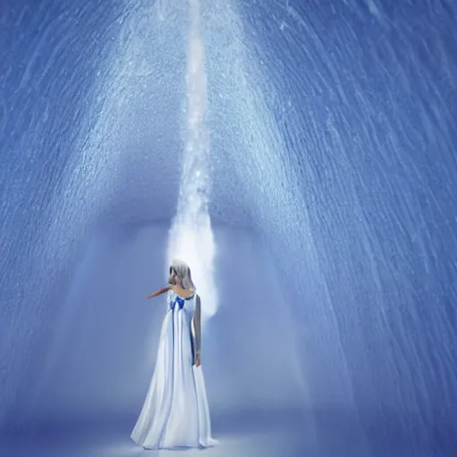 Image similar to centered white perfume standing on top of a clear, blue, waterfall, clean, surreal photography, illumination lighting, sharp focus, vogue