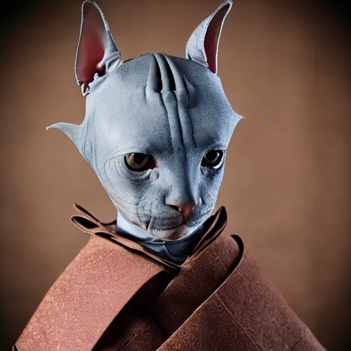 Image similar to samurai armor worn by hairless sphynx cat