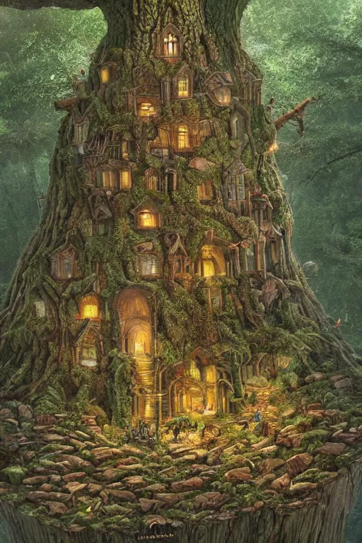 Prompt: a miniature city built into the trunk of a single colossal tree in the forest, with tiny people, in the style of ted nasmith, lit windows, close - up, low angle, wide angle, awe - inspiring, highly detailed digital art
