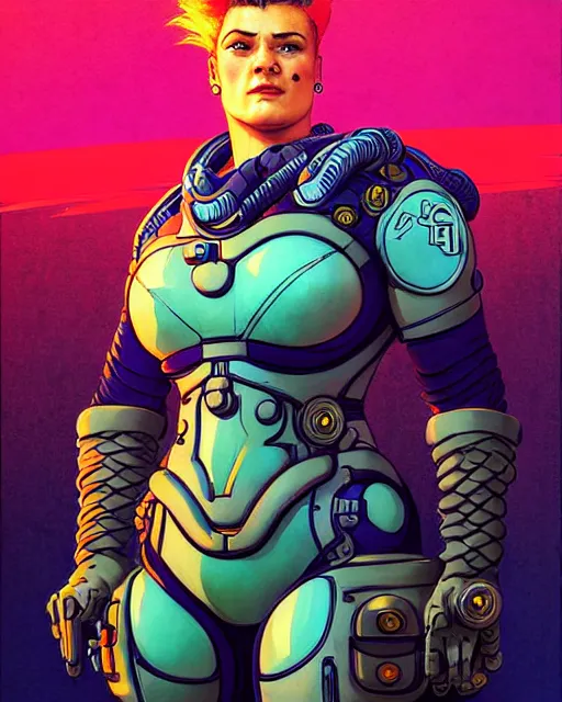 Image similar to zarya from overwatch, character portrait, portrait, close up, concept art, intricate details, highly detailed, vintage sci - fi poster, retro future, in the style of chris foss, rodger dean, moebius, michael whelan, and gustave dore