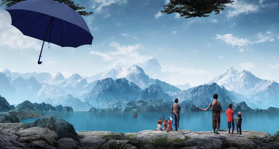 Image similar to An epic landscape photograph of a Mountainrange and a lake, with A family at the center of the image. The man is holding a blue umbrella in his right hand, unreal 5, DAZ, hyperrealistic, octane render, dynamic lighting