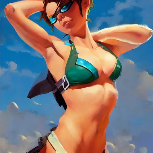 Image similar to greg manchess splashart painting of overwatch's tracer in a bikini, medium shot, asymmetrical, organic painting, sunny day, matte painting, bold shapes, hard edges, street art, trending on artstation, by huang guangjian and gil elvgren and sachin teng