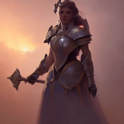 Image similar to beautiful paladin woman with plate armor, broad light, ambient occlusion, volumetric light effect, made by ivan aivazovsky, peter mohrbacher, greg rutkowski, matte painting, trending on artstation, 4 k, perfectly defined features, digital painting,