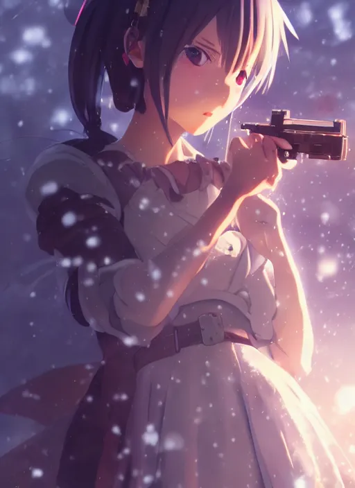 Prompt: portrait of anime girl in dress dress with gun in hands winter by greg rutkowski, key visual, kyoto animation, square enix, studio ghibli pixiv, sharp, detailed, high quality, award winning trending on super detailed face sparkling eyes fingers photorealistic ultrahd 4 k 8 k unrealengine