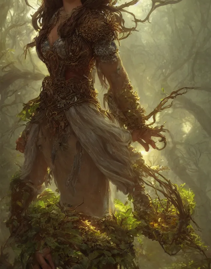 Prompt: a woman tree druid with leaf themed clothing, fully clothed, D&D, fantasy, intricate, cinematic lighting, highly detailed, digital painting, artstation, concept art, smooth, sharp focus, illustration, art by Justin Gerard