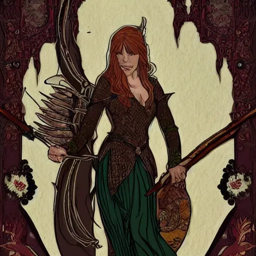 Prompt: evangeline lilly as tauriel, mucha style,