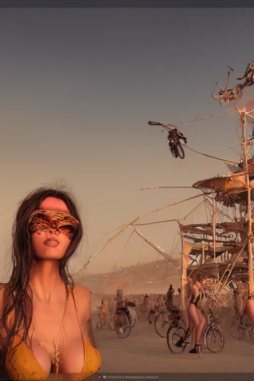 Prompt: a photo of a girl at burning man festival playa, powerful, cinematic, beautifully lit, by artgerm, by craig mullins, by galan pang, 3 d, trending on artstation, octane render, 8 k