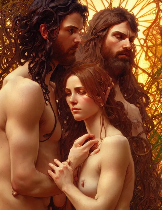 Image similar to portrait of biblical adam and eve, headshot, intricate, innocent, highly detailed, digital painting, artstation, concept art, sharp focus, cinematic lighting, illustration, art by artgerm and greg rutkowski, alphonse mucha, cgsociety