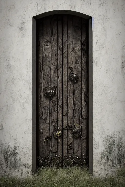 Prompt: a huge old weathered dark wooden door made with shiny metallic rush plant ornaments, reflecion, ornate, fantasy, photorealistic, octane render, high definition, ultra detailed, trandind on artstation, midjourney