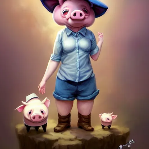 Image similar to cute little anthropomorphic funny female pig wearing shorts, a hat, boots and a pale blue shirt!! tiny!! fully clothed!!! small, short, cute and adorable, character art portrait, matte fantasy painting, deviantart artstation, by jason felix by steve argyle by tyler jacobson by peter mohrbacher, cinema