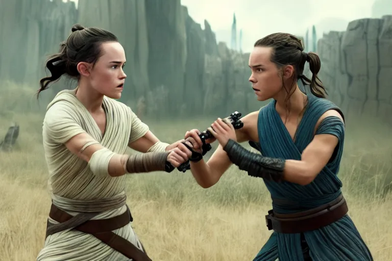 Image similar to Star Wars, Rey Skywalker trains Finn to be come a jedi after the events of the rise of skywalker ultra realistic, 4K, movie still, UHD, sharp, detailed, cinematic