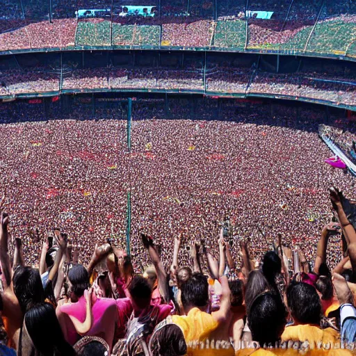 Prompt: rbd band playing on stage in estadio azteca, photograph, widelens, highly detailed, crowded audience, noon, sunlight