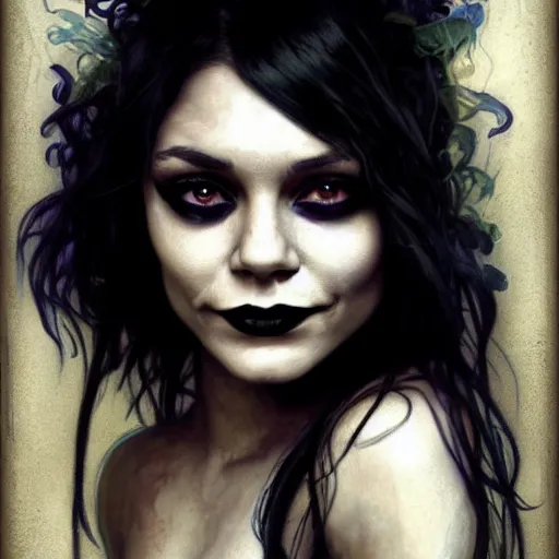 Image similar to beautiful portrait of vanessa hudgens as death from sandman, smiling, by cedric peyravernay, alphonse mucha, by jeremy mann, by lecouffe deharme, goth chic, soft lightning, eyeliner, punk rock, high detailed, 8 k