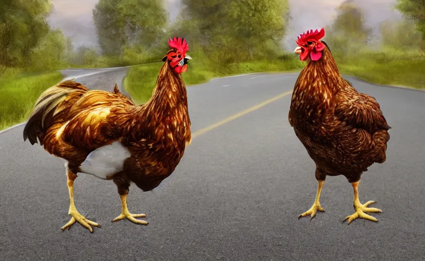 Image similar to artist depiction of the infamous chicken crossing a road, digital painting, masterpiece, gorgeous, beautiful, 4k wallpaper