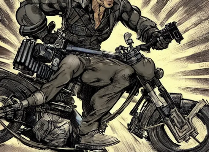 Image similar to solid snake breaking into a terrorist hideout while riding a motorcycle and firing a gun, in the style of jack kirby