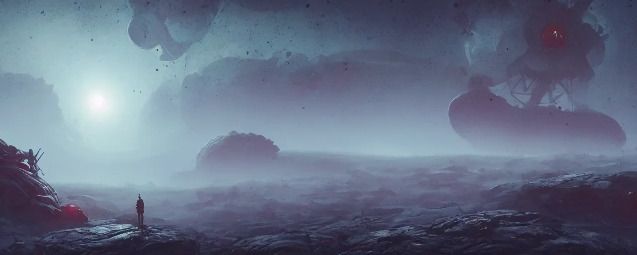 Image similar to ” outer planet with thick fog and alien artefacts, [ cinematic, detailed, epic, widescreen, opening, establishing, mattepainting, photorealistic, realistic textures, octane render, art by paul lehr ] ”