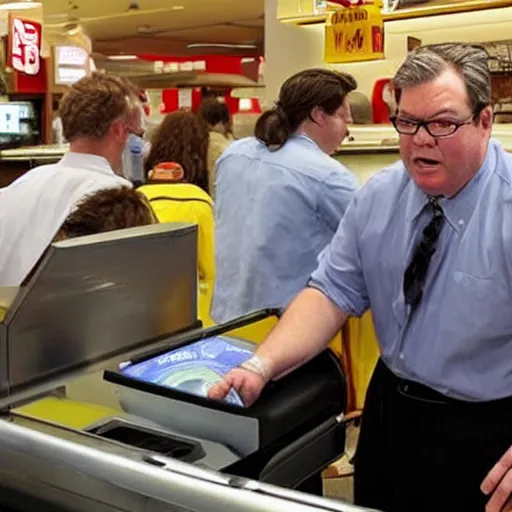 Image similar to senator steven armstrong from revengeance working as a mcdonald's cashier