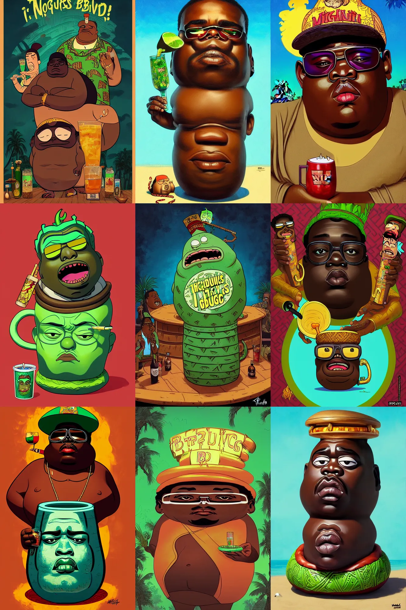 Prompt: the notorious b. i. g. as a trader vic's tiki mug at a tiki bar, rick and morty pickle rick, shaded lighting poster by magali villeneuve, artgerm, jeremy lipkin and michael garmash, rob rey and kentaro miura style, trending on art station