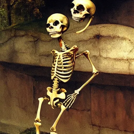 Image similar to hyperrealistic oil on wood painting of a skeleton smoking and dancing on a grave tomb crypt 8 k detail hyperrealism by arnold bocklin