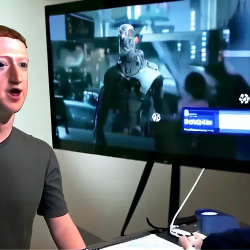 Image similar to Mark Zuckerberg revealing his very detailed and complex cybernetic enhancements, raytracing, very detailed, 4k, cinematic lighting,