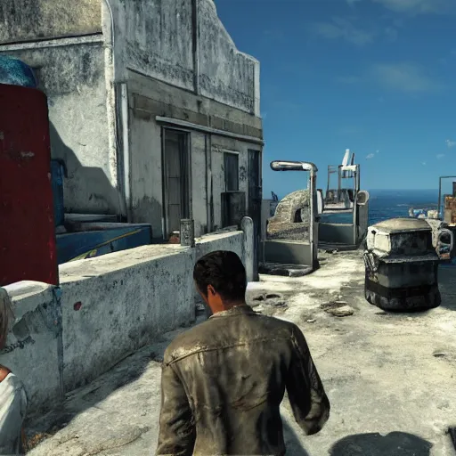 Image similar to Santorini, Greece in ruins post-nuclear war in Fallout 4, in game screenshot