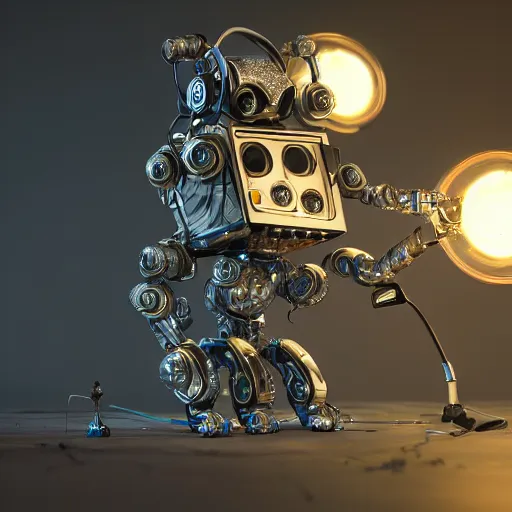 Image similar to robot dj, by peter mohrbacher and chris myer, intricate detail, finely detailed, glitter, sparkle, small details, extra detail, photorealistic, high resolution, vray, hdr, hyper detailed, insane details, intricate, elite, ornate, elegant, luxury, dramatic lighting, octane render, weta digital, micro details, 3 d sculpture