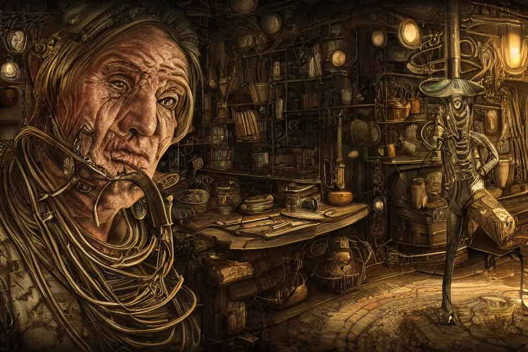Image similar to Uncle Aloysius, snake oil salesman, wild west crypto pharmaceutical industrialist, cute, fantasy, intricate, elegant, highly detailed, digital painting, 4k, HDR, concept art, smooth, sharp focus, illustration, art by H R Giger