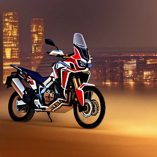 Image similar to honda africa twin at night view of new york in heavy mist, highly detailed, artstation, concept art