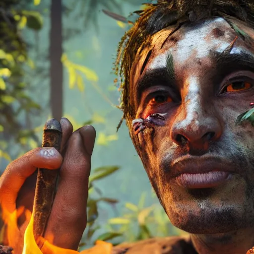 Image similar to man with peyote tea at jungle campfire full moon in the style of far cry primal, symmetrical detailed face 8 k