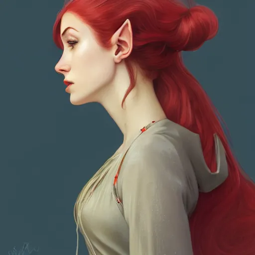 Prompt: side portrait of very beautiful elf, wearing a hood, hair over face, headshot, looking up, hyper realistic, pale skin, bright red hair, 4k, rule of thirds, extreme detail, detailed drawing, trending artstation, hd, fantasy, D&D, realistic lighting, by Alphonse Mucha, Greg Rutkowski, sharp focus, backlit, elegant